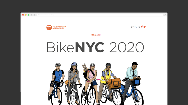 A screenshot of the BikeNYC2020 home page, showing an illustration of different kinds of people on bikes.